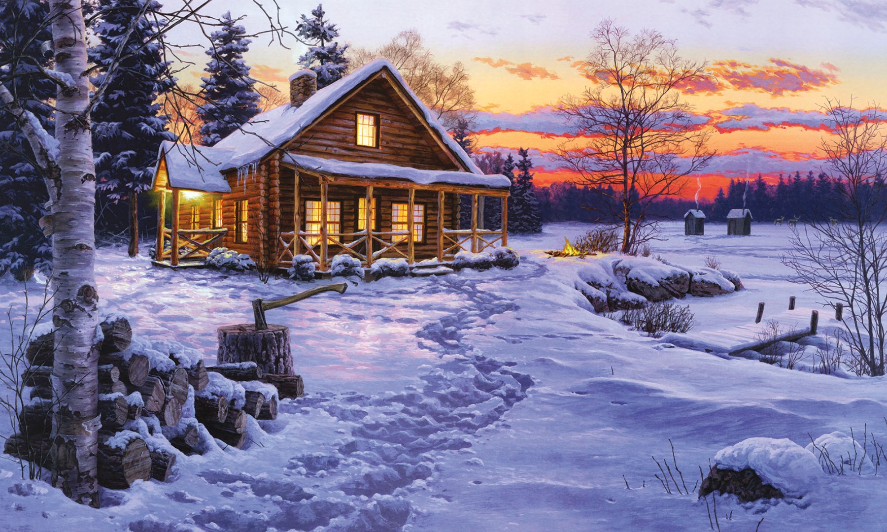Зимний пейзаж с домиком в лесу